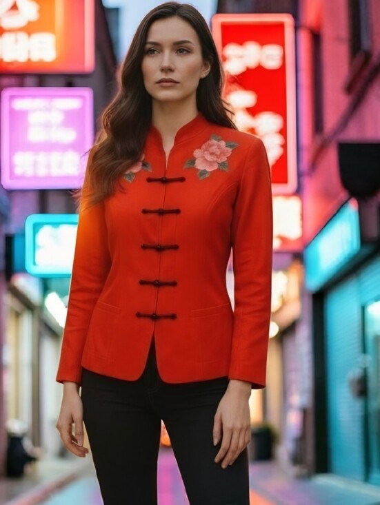 Jackets & Blazers - Beautiful Red Floral Asian Jacket Blazer By Bo Xi Hua Fu Women's Size L